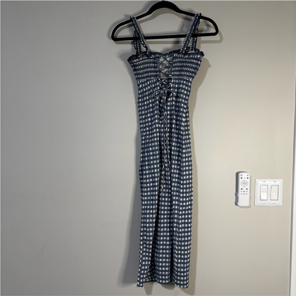 Free People Lucinda Blue Indigo Gingham Midi Dress Size M - Picture 5 of 7